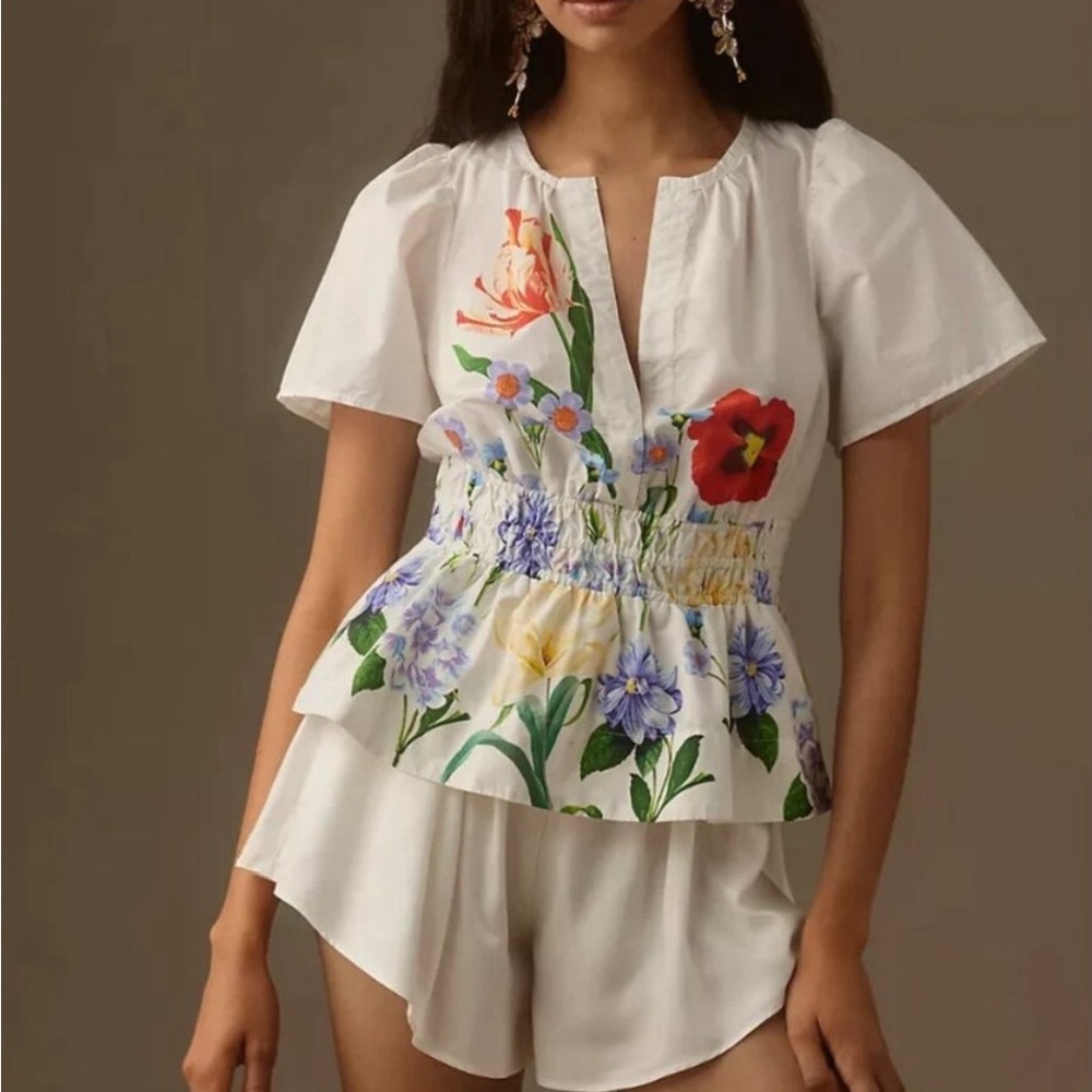 Anthropologie White and Red Flutter Sleeve Blouse with Smocked Peplum